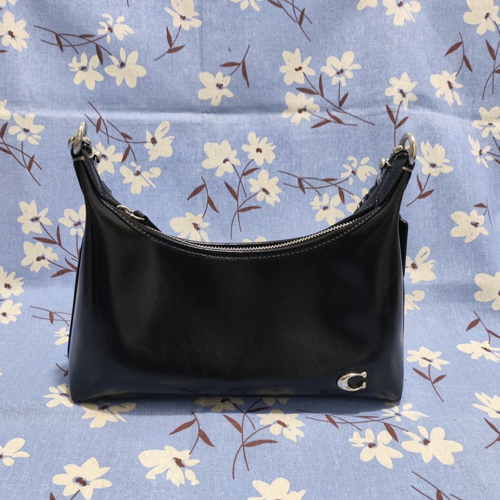 Coach Black Leather Crescent Shoulder Bag with Silver Accent